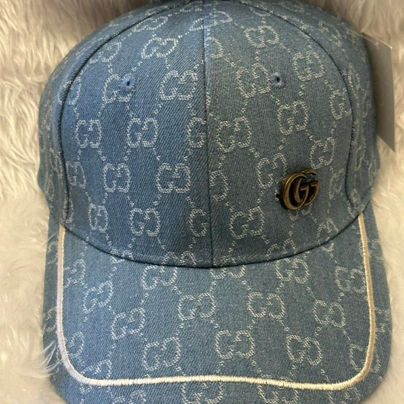 Gucci Light Blue GG Denim Monogram Baseball Cap with Gold Emblem